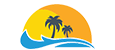 logo of a bright orange sun with palm trees and waves in front